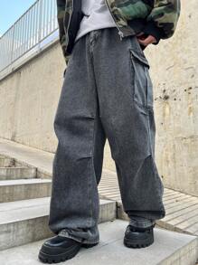 Manfinity EMRG Men's Cargo Pocket Loose Wide Leg Casual Jeans - Grey - View 6