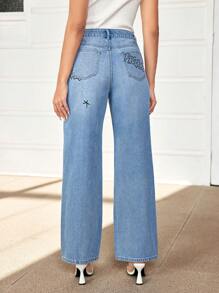 Breezaya Women's Letter & Heart Print Pocket Wide Leg Jeans
