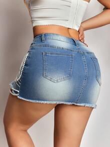 SHEIN SXY Denim Rock in Blau, neuer leichter, dehnbarer, körperbetonter Minirock mit Perlendetail für den Sommer, modisches Design - Blau - Übersicht 2