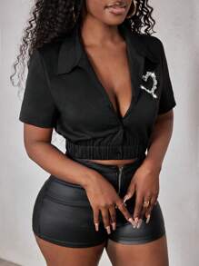 BamGleam Classic Black Versatile Casual Shirt With Love Hot Diamonds - Black - View 7