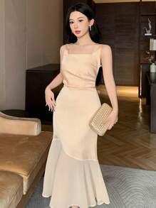 DAZY Vestido de mujer de longitud media con cuello cuadrado sin mangas, plisado, patchwork, vestido de fiesta, volantes, vestidos formales de mujer