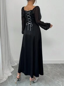 Modelyn 女式长袖网眼拼布褶皱休闲连衣裙 - 黑色 - 查看 2