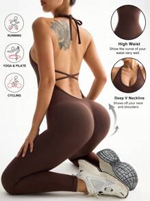 Easithlete Women's Backless Halter Tied Romper