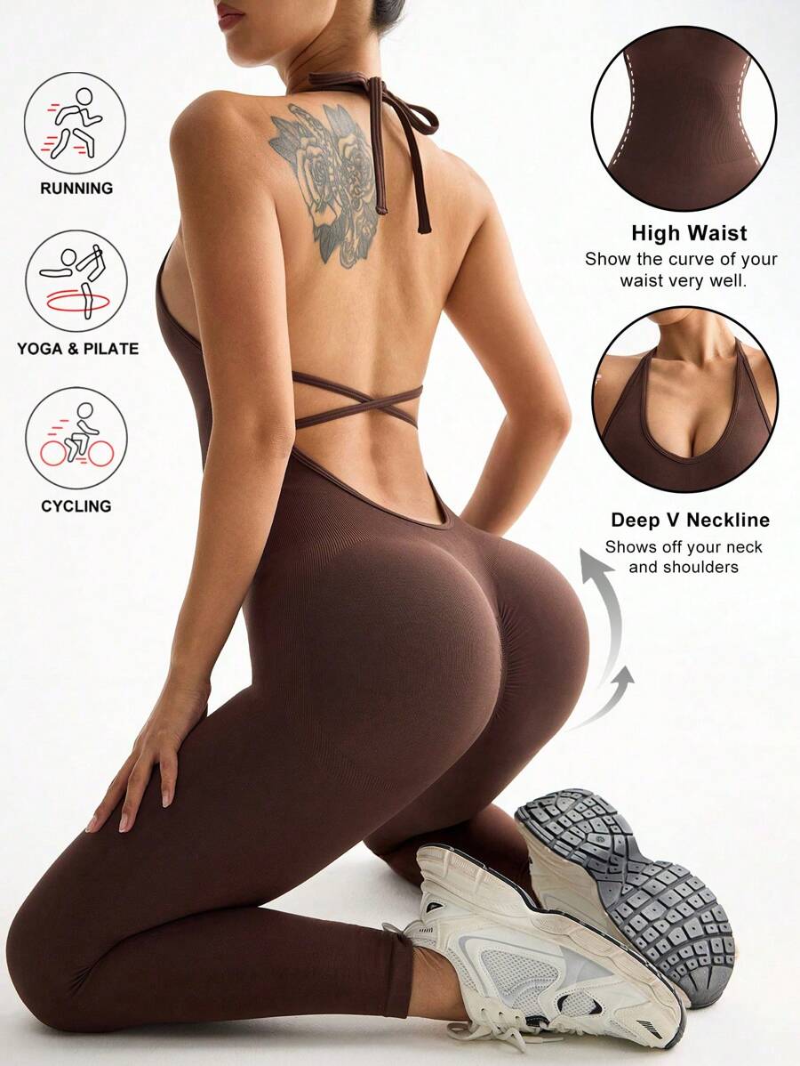 Easithlete Women's Backless Halter Tied Romper