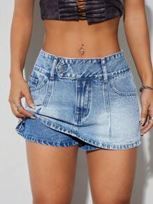 SHEIN ICON Minifalda corta de mezclilla con cintura baja y dobladillo deshilachado para mujeres - Lavado ligero - Ver 3