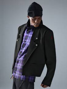 NEON BLANC Men's Street Fashion Black Woven Short Sleeve Blazer Jacket, For Fall Winter - Black - View 1