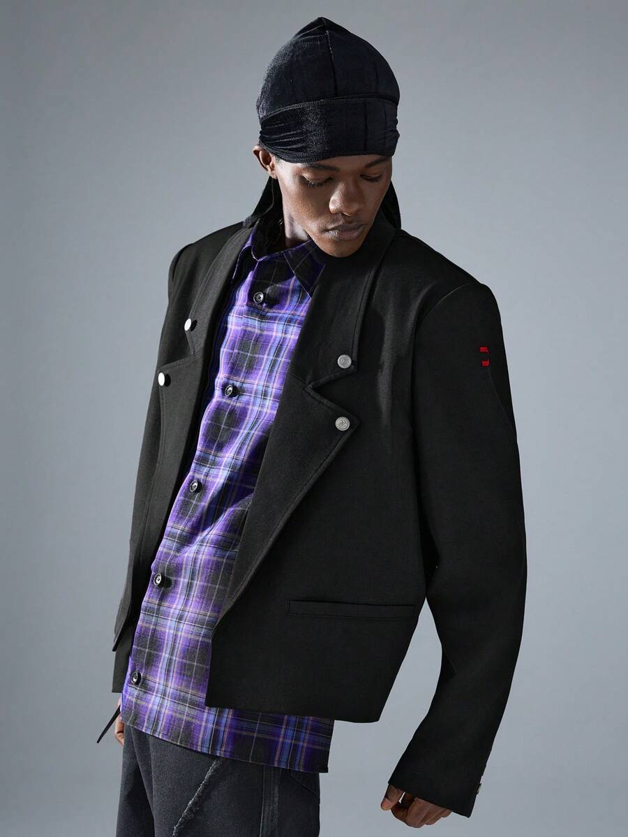 NEON BLANC Men's Street Fashion Black Woven Short Sleeve Blazer Jacket, For Fall Winter - Black - View 1