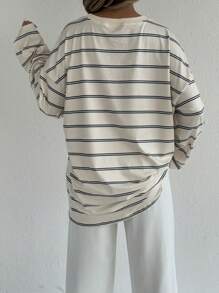 SHEIN EZwear Women's Crew Neck Long Sleeve Striped Simple Casual Blouse For Daily Wear