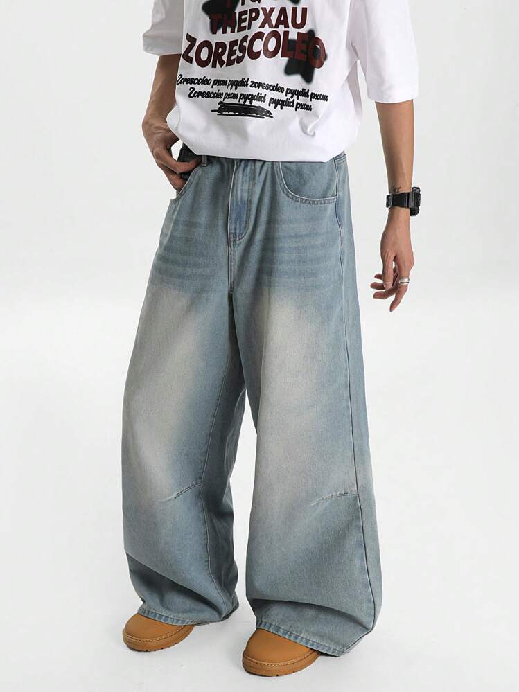 GALLERY FADE Men's Light Blue Vintage Washed Loose Straight Leg Jeans Going Out Street College Hang Out Sport - Light Wash - View 7