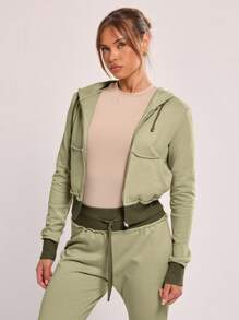 MUSERA Distressed Hem Zip Up Hooded Sweatshirt - Army Green - View 6