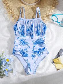 SHEIN Tween Girls One Piece Is Fashionable, Casual, Elegant, With Blue And White Flower Patterns. It Is Knitted In One Piece Without Cuff And Pleated. The Thin Design Is Suitable For Summer Vacation And Swimming - Multicolor - View 4