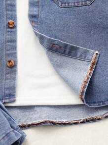 SHEIN Explorewe Bộ 3 trang phục mùa hè phong cách Mỹ cổ điển cho bé trai: Áo sơ mi denim thiết kế rộng rãi + Áo phông trắng + Quần short denim thường ngày - Màu xanh lam - Xem 8
