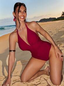 Voyashape Summer 1pc Women's Solid Color Ruched Halter Tie-Up One-Piece Swimsuit - Burgundy - View 7