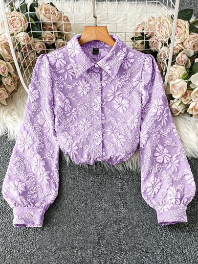 SHEIN Clasi Blusa de mujer elegante con manga farol, de unicolor y estampado floral jacquard, camisa de mujer para otoño