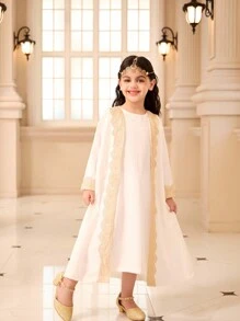 Conjunto de niña, vestido blanco sin mangas con elegante abrigo bordado, atuendo de 2 piezas para primavera y verano