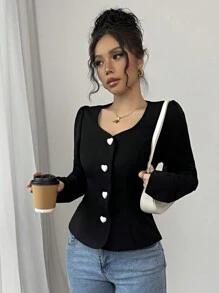 Elenzga 优雅黑色心形领长袖女式夹克 - 黑色 - 查看 2