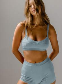 Aralina 罗纹针织高腰红色休闲套装文胸和短裤 - 淺藍色 - 查看 5