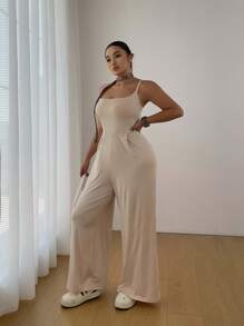 Flirla Women's Elastic Knit Spaghetti Strap Backless Wide Leg Pants - Apricot - View 8