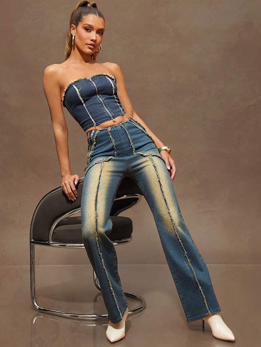 Denimoi Women's Patchwork Fringed Zipper Design Straight-Leg Casual Versatile Jeans - Medium Wash - View 1