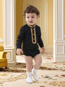 男婴长袖立领荷叶边绅士上衣，前开半开时尚休闲日常和度假装，适合春夏季 - 黑色 - 查看 4