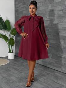 Maweii Plus Size Solid Color Tie Neck Mesh Splice Elegant Long Sleeve Dress Burgundy Color Women Outfit Fall Cloth For Women - Burgundy - View 3