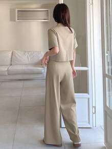 DAZY 两件套女士纯色短款西装外套和阔腿裤套装，教师职业装
