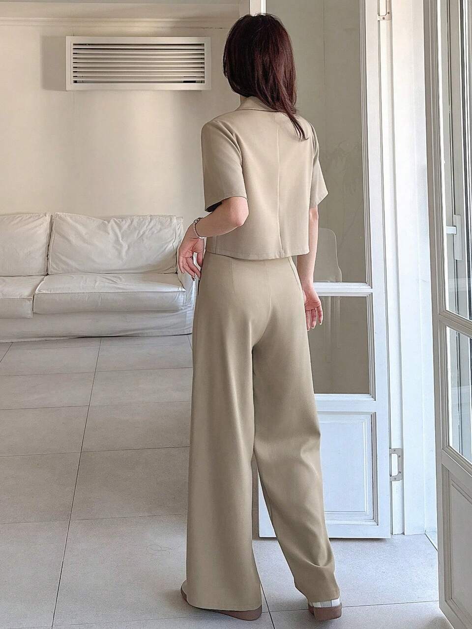 2pcs Women Solid Color Cropped Blazer And Wide Leg Pants Suit Set,Teacher Outfits Business Attire Easter
