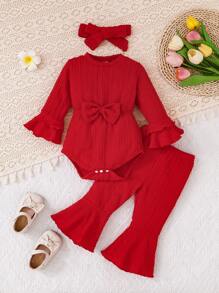 3pcs/Set Baby Girl Casual Cute Bow Solid Color Bodysuit, Flare Pants, Headband Set, Suitable For Spring/Autumn - Red - View 1