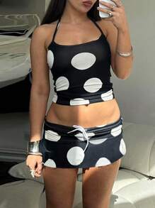 SHEIN EZwear 女士黑白撞色波尔卡圆点吊带上衣和荷叶边下摆短裙 2 件套 - 彩色 - 查看 1