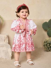 SHEIN 女婴夏季花卉印花长袖度假连衣裙 - 紅白色 - 查看 4