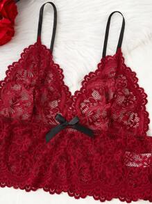 SilkySpell Juego de lencería de 3 piezas/set para el Día de San Valentín, compuesto por camiseta sin tirantes de encaje rojo y pantalones de seda falsa