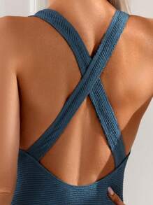 SHEIN Swim Springbreak Damen einfarbiger gestrickter Jacquard Kreuzgurt Lässig Ein-Teiler Badeanzug, Boho-Festival - Blau - Übersicht 5