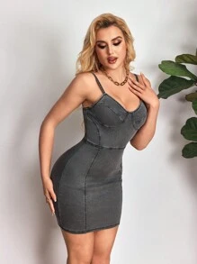 SHEIN Unity Women's Slim-Fit Casual Short Denim Dress With Spaghetti Strap - Grey - View 1