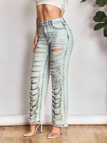 SHEIN SXY Jeans rectos de pierna casual con efecto desgastado de moda, estilo callejero para mujeres