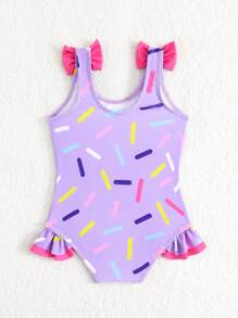 Baby Girl Sweet Bow Decor Cute Onepiece Swimsuit, Beach Vacation - Multicolor - View 2