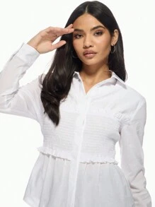MISSGUIDED Elegant Shirred Waist Button-Down Blouse Professional Office Wear Long Sleeve Fitted Smart Casual Business Formal Work Top With Ruffled Detail - White - View 4