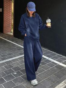 DAZY 1 套纯色宽松牛仔衬衫和阔腿裤女士牛仔套装，秋季服装