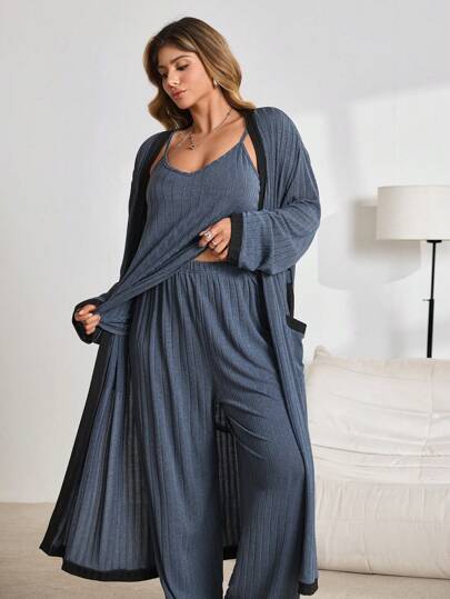 Plus Size Solid Cami Top & Pants & Robe Set, Fall Clothes, Cozy Outfit