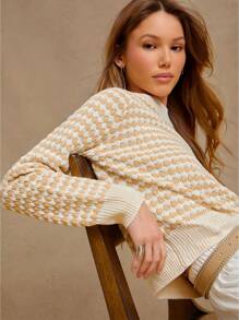 WESTFADE Summer Two Tone Colorblock Contrast Pattern Geo Jacquard Crewneck Long Sleeve Sweater Western Wear Women - Multicolor - View 2