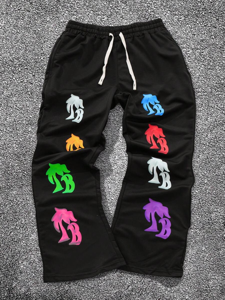 Manfinity EMRG Men's Letter Print Drawstring Waist Wide Leg Young Street Casual Sweatpants - Black - View 1