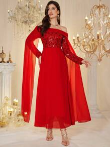 Modelyn Women's Long Off Shoulder Chiffon Embroidered Elegant Ruffle Sleeve Dress, Spring/Summer - Red - View 3