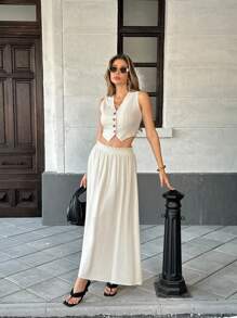 SHEIN Unity 2pcs Women Set: Elegant V-Neck Sleeveless Vest With Single-Breasted Design & Ruffle Hem, Casual French Style - Apricot - View 6