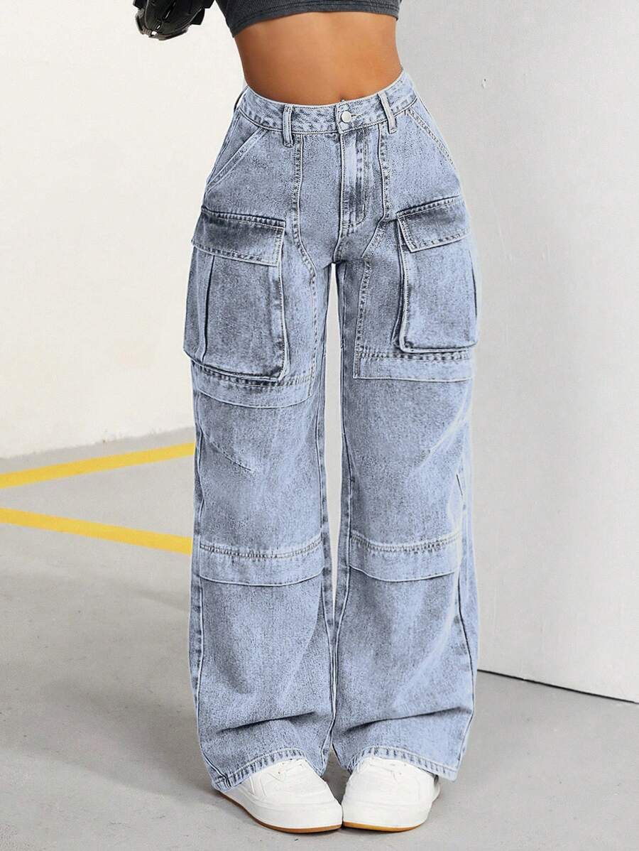 SHEIN ICON 女式前扣口袋简约直筒牛仔裤，休闲日常穿着