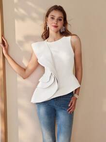 MOTF PREMIUM RUFFLE ASYMMETRICAL NECK BLOUSE - White - View 3