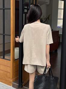 DAZY Conjunto de top blazer de lino de albaricoque de manga corta y pantalones cortos para mujer, traje informal de verano ligero de manga corta mitad sólido, conjunto de dos piezas para mujer - Caqui - Ver 5