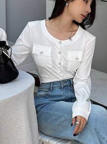DAZY T-shirt court à manches longues, col rond, couleur unie pour femmes, blanc, printemps/été/automne - Blanc - Voir 6