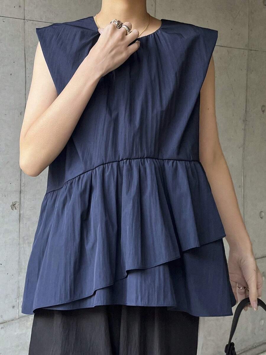 FRIFUL ملابس علوية بدون أكمام للنساء باللون الأزرق الداكن، بتصميم كشكش على الحافة، ملابس علوية صيفية، ملابس علوية بيبي دول - أزرق بحري - مشاهدة 1