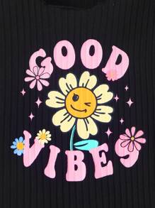 2pcs/Set Tween Girls' Cute Letter & Cartoon Print Ribbed Short Sleeve Top And Denim Effect Print Shorts Set, Summer - Black - View 7