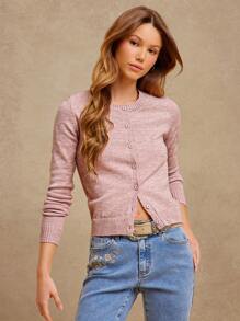 WESTFADE Summer Crewneck Button Front Long Sleeve Cardigan Sweater Festival - Pink - View 3