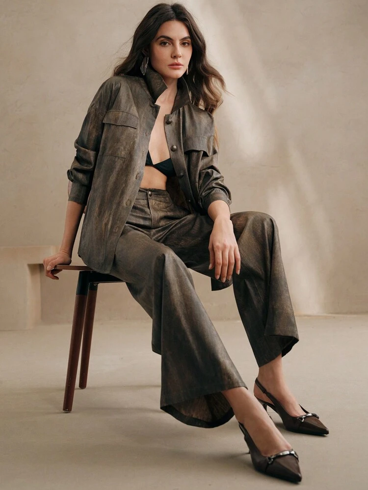 Women's Spring Modern Retro Style Imitation Sand Washed Lapel Long-Sleeved Shirt Wide-Leg Pants Two-Piece Suit